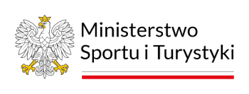 Logotyp Ministerstwa Sportu – biały orzeł w złotej koronie oraz napis 'Ministerstwo Sportu' z poziomą biało-czerwoną linią.