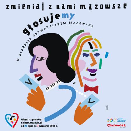 Plakat zmieniaj z nami Mazowsze, kolorowe linie jako rysunki twarzy