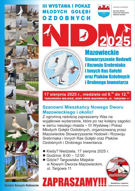 graficzna wersja informacji, po lewej stronie zdjęcia gołębi ozdobnych, na reszcie plakatu informacje