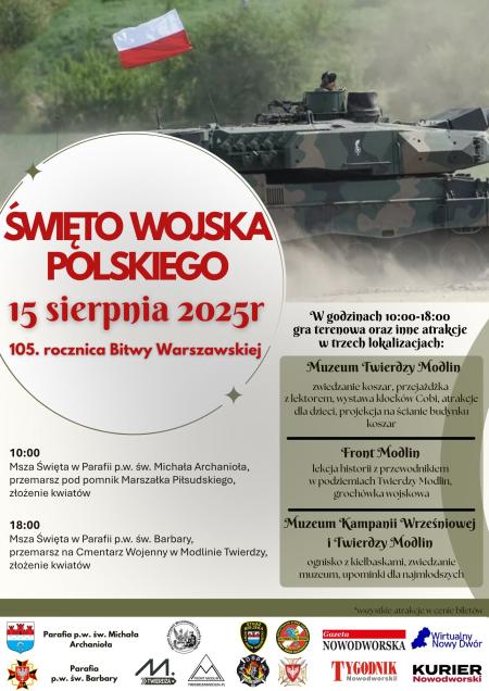 graficzna informacja treści, na górze czołg oraz powiewająca flaga biało-czerwona, w stopce logotypy organizatorów