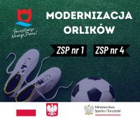 murawa boiska, buty do gry i piłka nożna, poniżej flaga i godło Polski i logotyp Ministerstwa Sportu