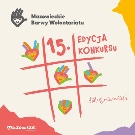 grafika konkursu, na dole logotyp Mazowsza, pośrodku kratka z kolorowymi rysunkami serc