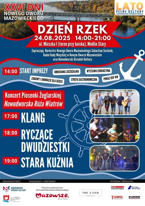 Graficzna informacja treści, na górze most nad rzeką, poniżej trzy zespoły muzyczne.