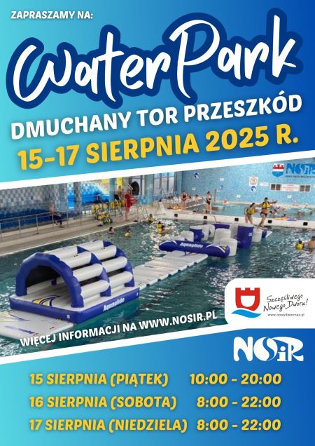 dmuchany tor przeszkód, duży napis Waterpark, logotypy