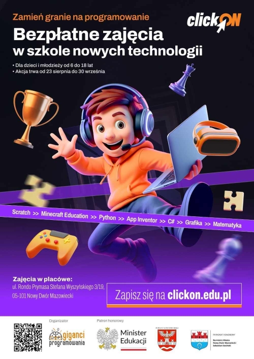 Graficzna informacja treści, chłopiec w słuchawkach na głowie trzymajacy laptopa w lewym ręku.