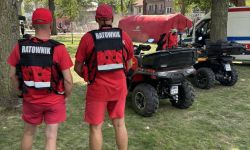 park, kłady i ratownicy stojący tyłem