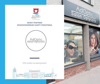 zdjęcie salonu optycznego, po lewej stronie informacja o dołączeniu do programu Nowodworska Karta Podatnika