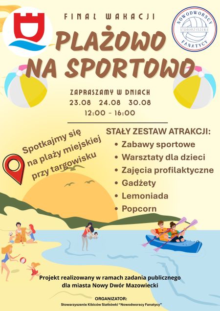 graficzna wersja plakatu, logotyp miasta i stowarzyszenia, grafika plaży, wody słońca, postaci