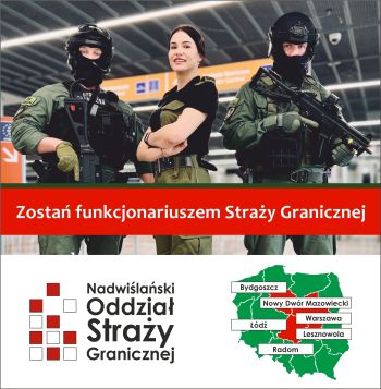 funkcjonariusze straży granicznej, poniżej napis i mapa Polski