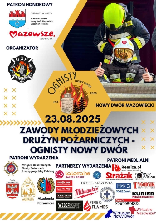 Graficzna informacja treści, na górze dwóch strażaków w hełmach, w stopce logotypy partnerów i patronów wydarzenia.