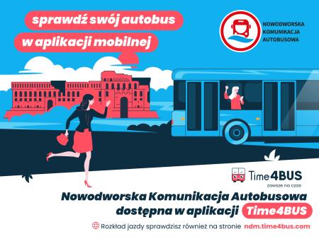 grafika autobusu i osoby biegnącej, czerwone napisy oraz logotyp NKA