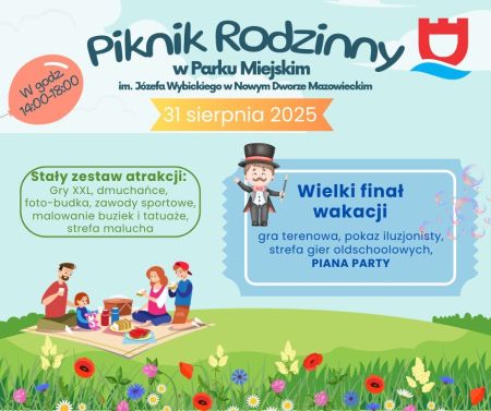 piknik rodzinny, kwiaty polne, w tle postaci rodziny na kocyku, napisy