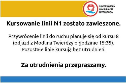 Kursowanie linii N1 zostało zawieszone - graficzna informacja treści.