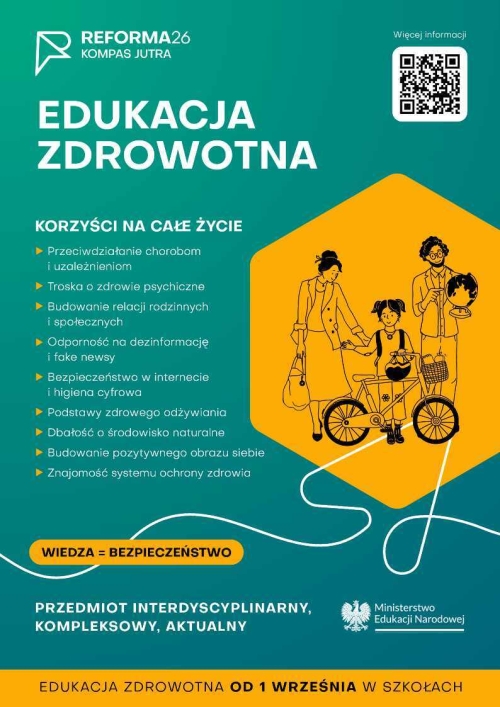 Graficzna informacja treści. Kobieta z torebką, dziewczynka przy roweru, mężczyzna z globusem.