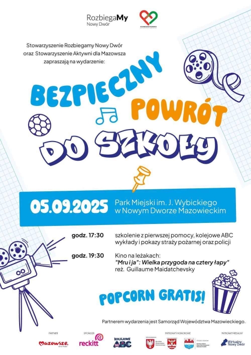 Graficzna informacja treści, taśma filmowa, piłka, kamera na statywie, popcorn w kubku.