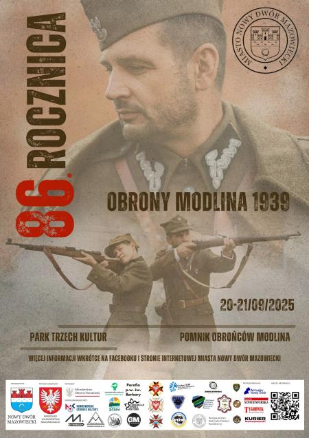Na górze twarz żołnierza i dwóch żołnierz ze strzelbami, poniżej belka z logotypami