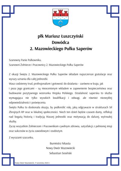 życzenia w formie graficznej, u góry herb Miasta