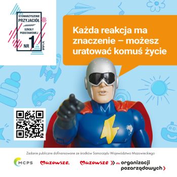 niebieska zabawka, na dole logotypy, kod qr