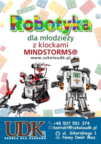 roboty z klocków, na górze kolorowe napisy, poniżej kontakt