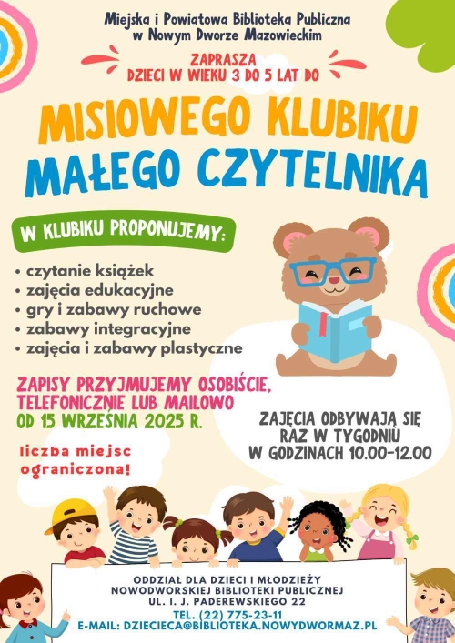 Graficzna informacja treści, miś w okularach czytający książkę, grupka uśmiechniętych dzieci.