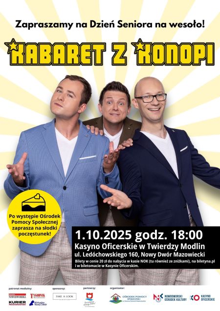 trzech mężczyzn, na górze złoty napis, na dole logotypy