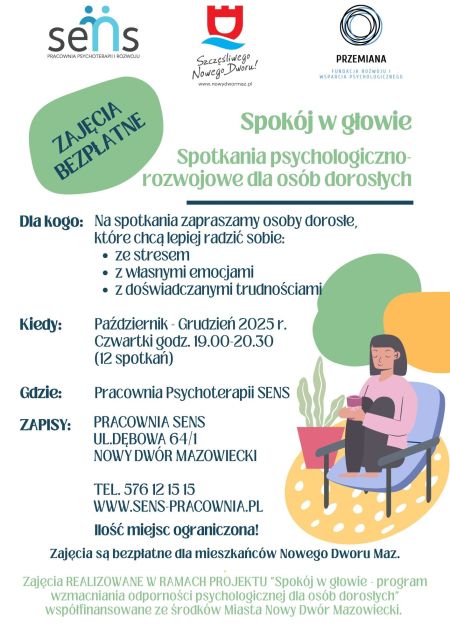 na górze logotypy, treść w formie graficzne, obrazek z postacią siedzącą na fotelu