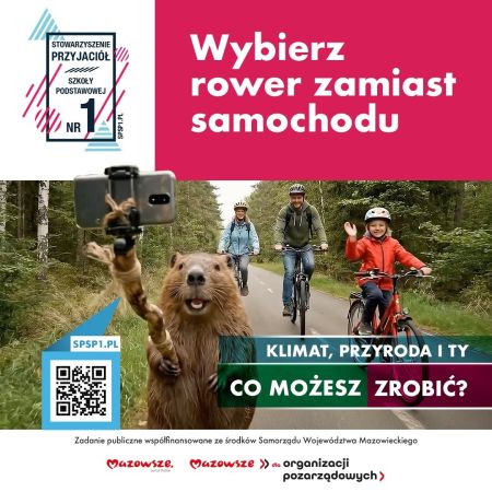 wybierz rower, napis na górze, rodzina na rowerach, na dole logotypy