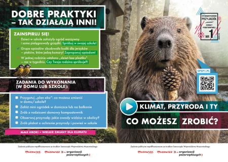 dobre praktyki- tak działają inni, napisy po lewej, pośrodku bóbr, na dole logotypy