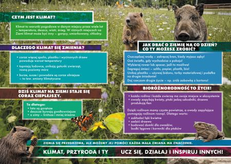 łąka kwietna, różne zwierzęta na plakacie, pośrodku kolorowe prostokąty z napisami