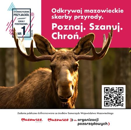 łoś, kod qr, na górze na różowym tle białe napisy