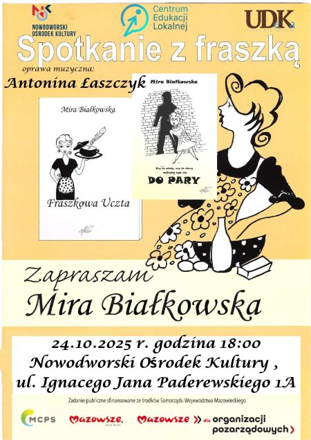 spotkanie z fraszką, logotypy Mazowsze pomaga, NOKu, w centrum plakatu rysunki i napisy