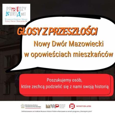 logotypy, graficzna wersja informacji o poszukiwaniu osób, które pamiętają dawny Nowy Dwór Mazowiecki