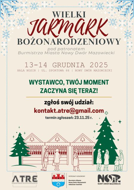 beżowe tło, rysunki postaci i drzewek świątecznych, napisy i logotypy