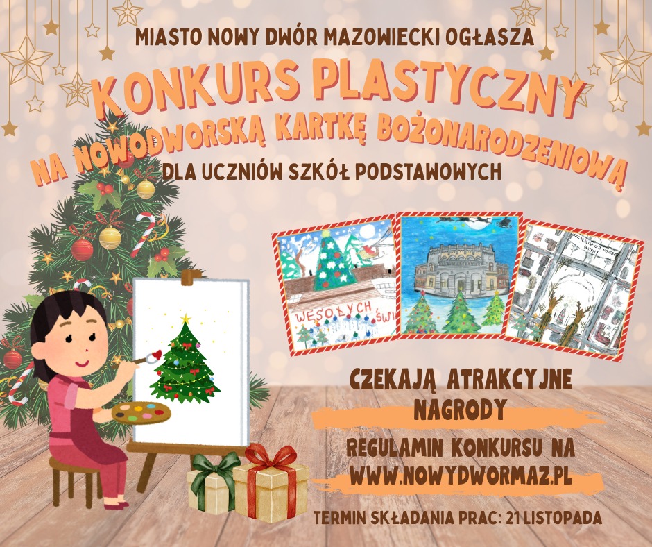 postać dziewczynki malującej choinkę, informacja o konkursie