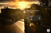 Cztery różne samochody ciężarowe STAR jadące ulicą.