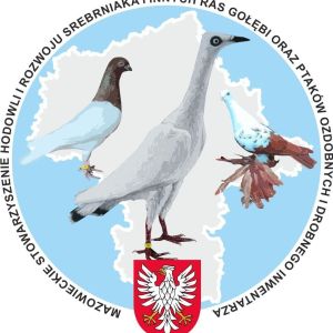 Trzy gołębie na tle województwa mazowieckiego. Pod nimi biały orzeł na czerwonej tarczy.