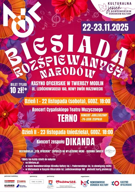 kolorowe, duże kwiaty, białe napisy, na dole logotypy, graficzna wersja informacji