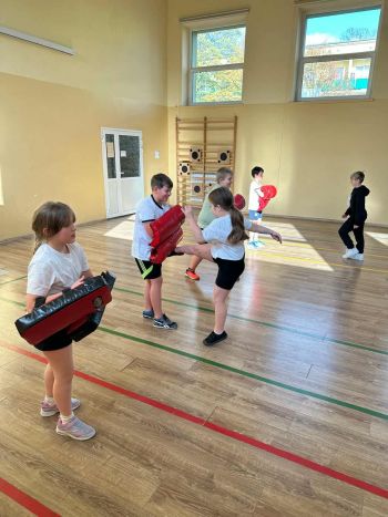 sale gimnastyczne w szkołach, ćwiczące dzieci, instruktorzy