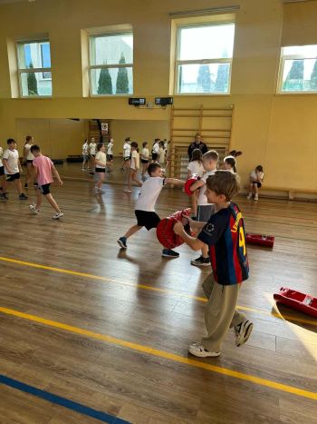 sale gimnastyczne w szkołach, ćwiczące dzieci, instruktorzy