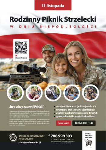 uśmiechnięta rodzina na strzelnicy, na górze napis i kod qr, poniżej kontakt