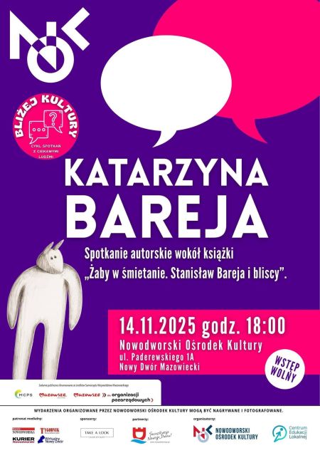 duży napis, różowo-fioletowe tło, na dole logotypy