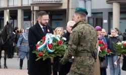 przebieg uroczystości, składanie kwiatów pod pomnikami, przemarsz z biało-czerwoną flagą, wspólne odtańczenie poloneza