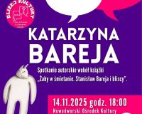 fioletowe tło, białe napisy, postać