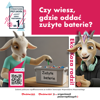postać kozy promująca gdzie oddać zużyte baterie, poniżej logotyp Mazowsza