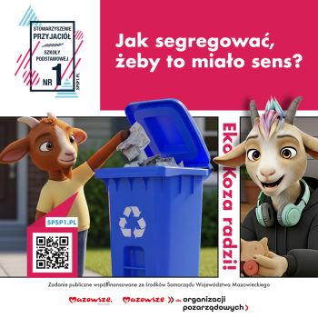 postać kozy promująca jak segregować żeby to miało sens, poniżej logotyp Mazowsza
