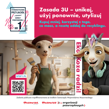 postać kozy promująca utylizację ii recycling, poniżej logotyp Mazowsza