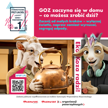 postać kozy promująca ekologię, poniżej logotyp Mazowsza