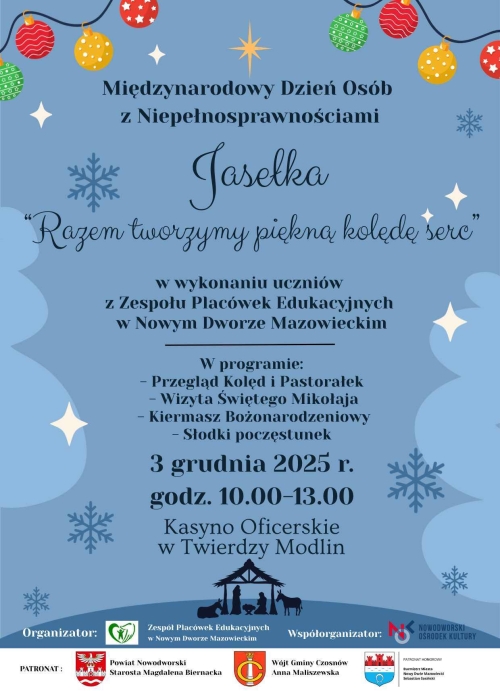 Graficzna informacja treści, bombki choinkowe, płatki śniegu, szopka bożonarodzeniowa.