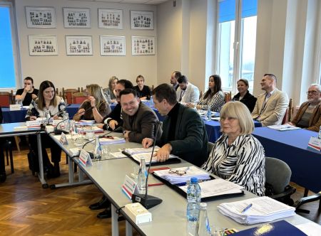 sala konferencyjna, radni siedzący przy stołach, na drugim planie osoby uczestniczące w sesji