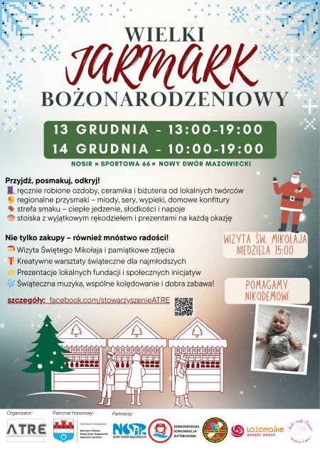 plakat promujący jarmark, duże napisy na górze, program poniżej rysunki budek świątecznych oraz logotypy